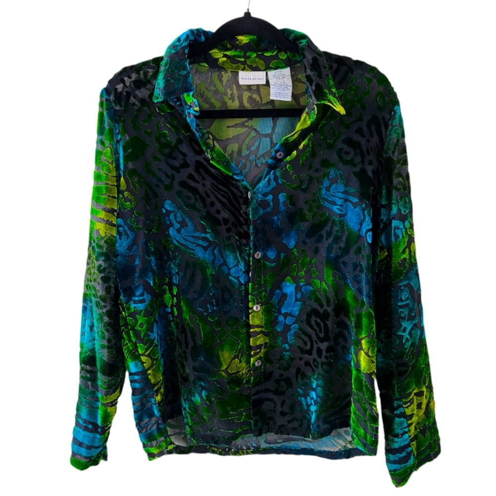 white stag womens burnt velvet full button up collared blouse blue green small